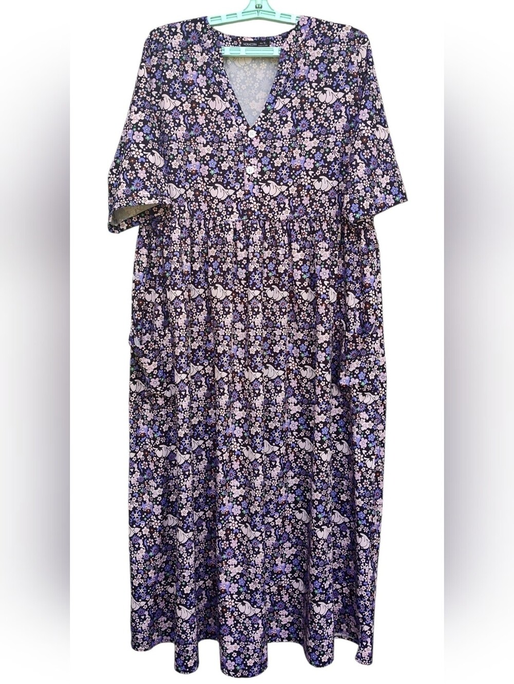 Noracora Black Purple Blue Ditsy Floral Empire Waist Pocket Maxi Dress Size XL